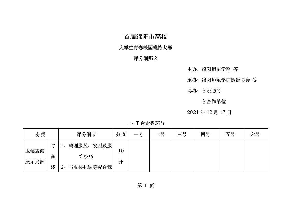 模特大赛评分表