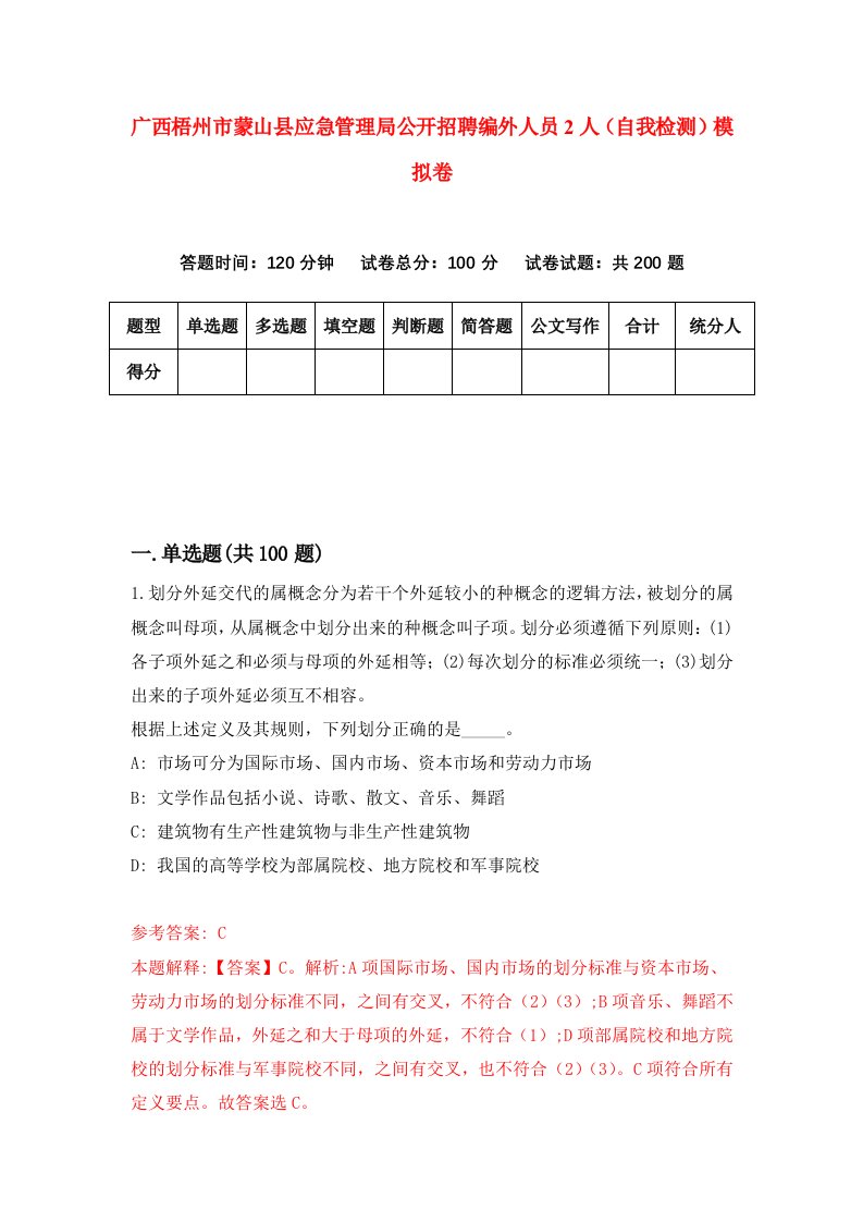 广西梧州市蒙山县应急管理局公开招聘编外人员2人自我检测模拟卷第4套