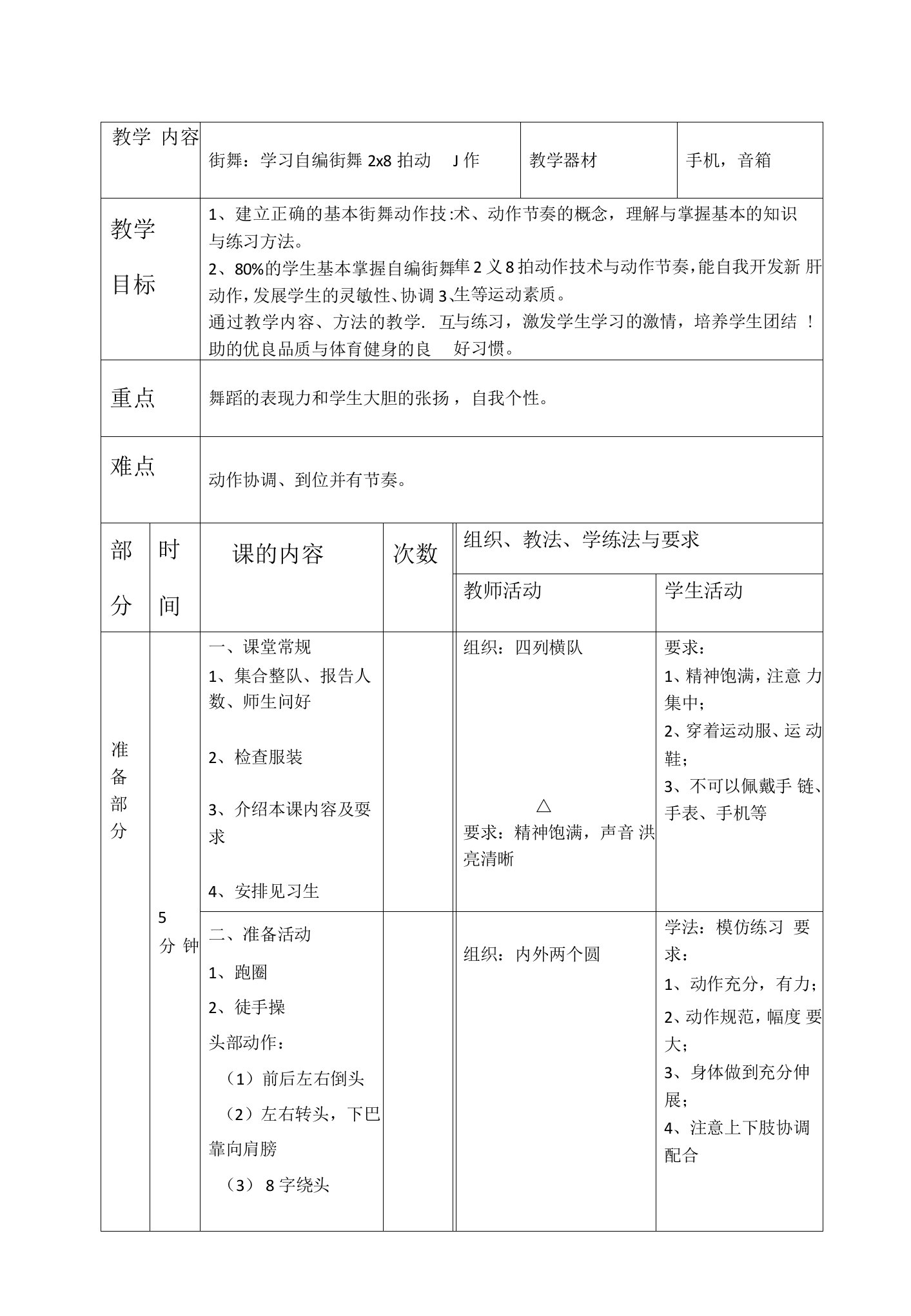 街舞学习自编街舞2×8拍动作教案-高一上学期体育与健康人教版