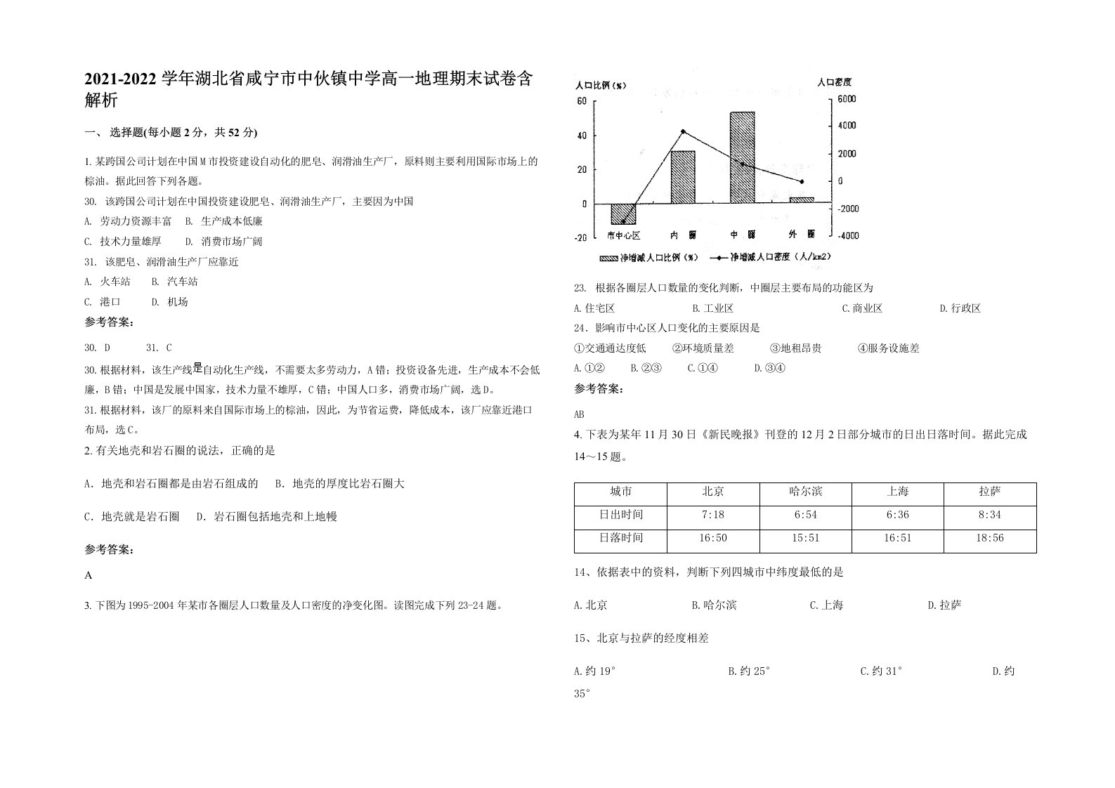 2021-2022学年湖北省咸宁市中伙镇中学高一地理期末试卷含解析