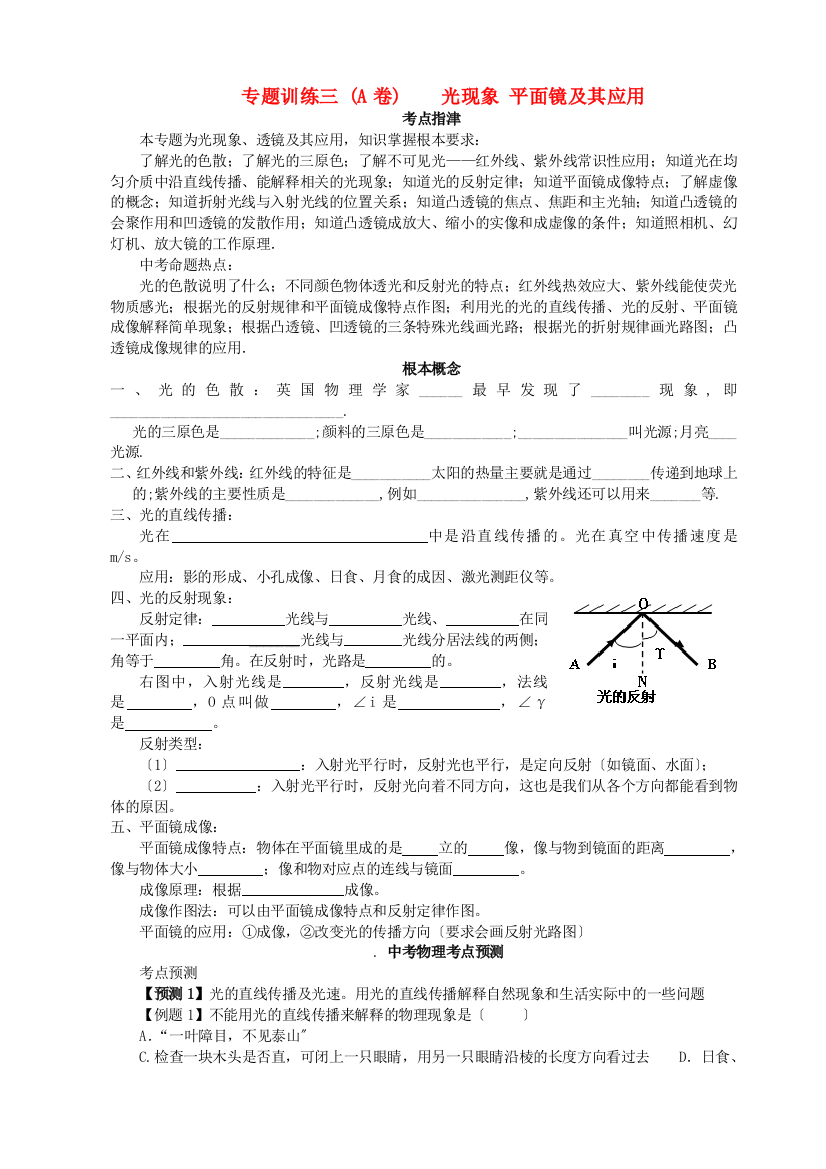 （整理版）专题训练三(A卷)光现象平面镜及其应用