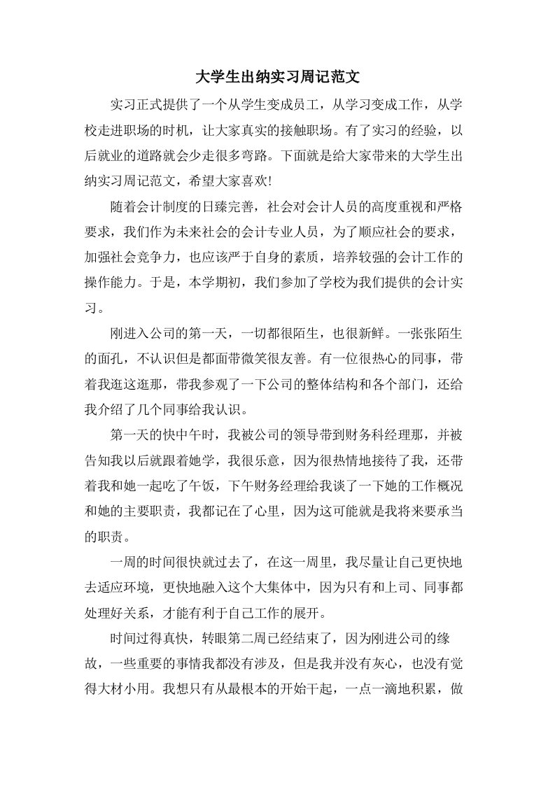 大学生出纳实习周记范文