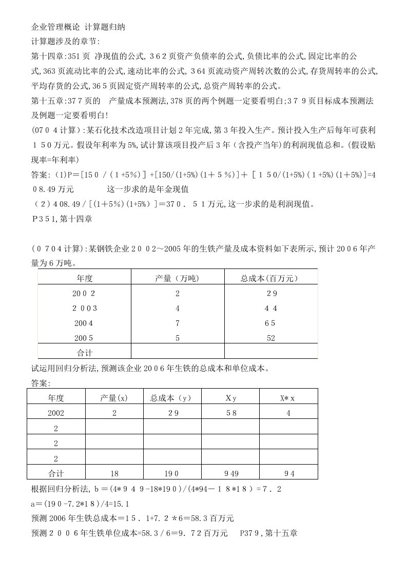 11年自考企业管理概论-计算题归纳