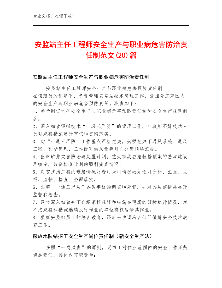 安监站主任工程师安全生产与职业病危害防治责任制范文(20)篇