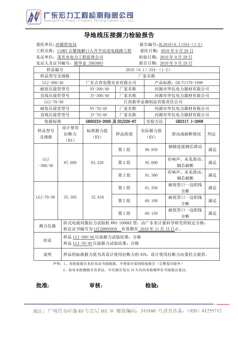 (古紫线)导地线压接握力检验报告