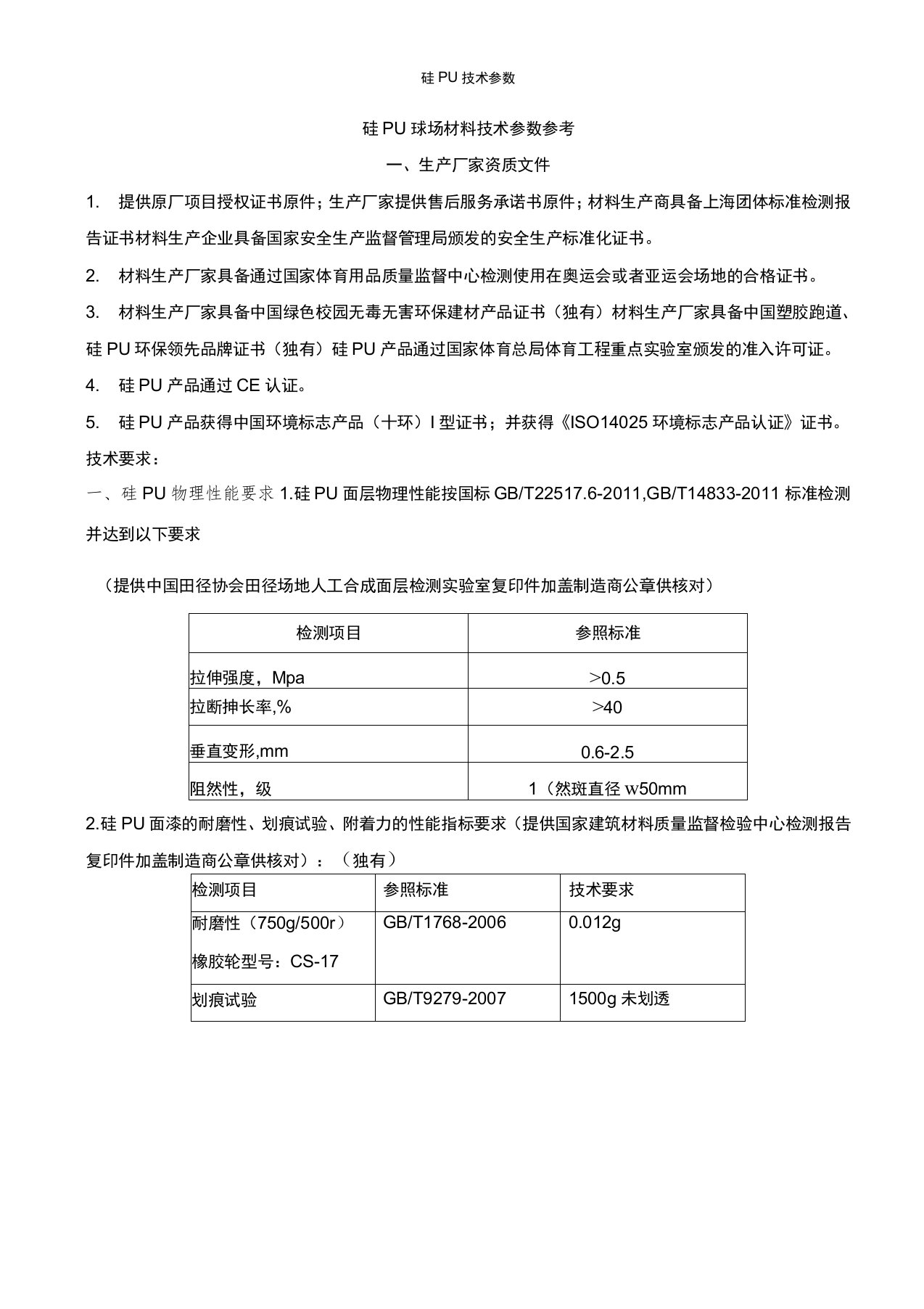 硅PU技术参数