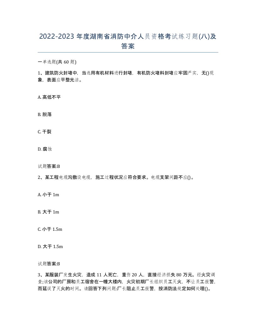 2022-2023年度湖南省消防中介人员资格考试练习题八及答案