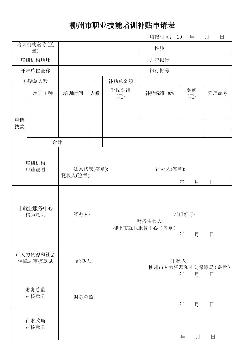 柳州市职业技能培训补贴申请表