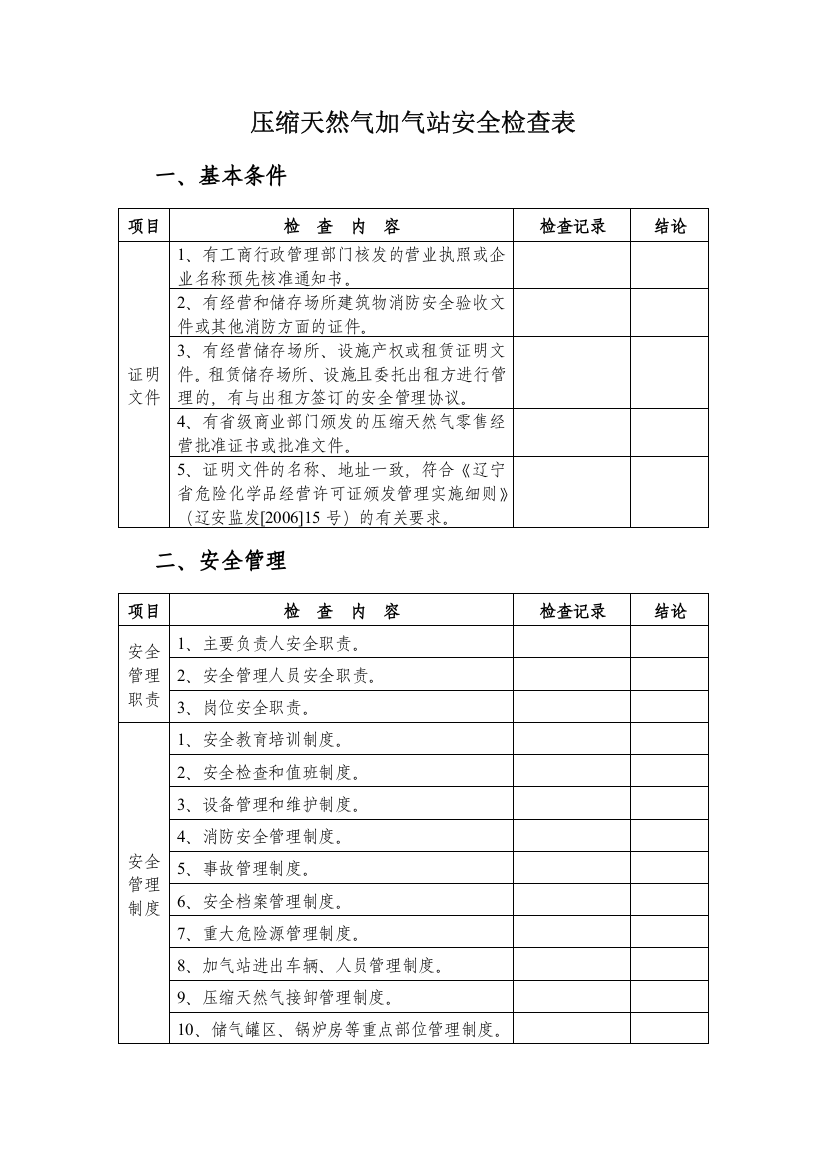 压缩天然气加气站安全检查表1