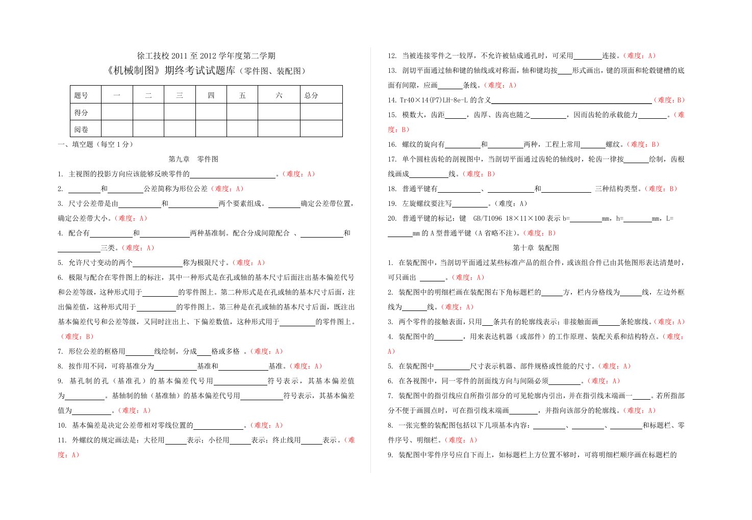 机械制图零件图、装配图题库(有难度)