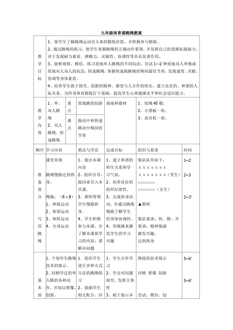 九年级体育课跳绳教案