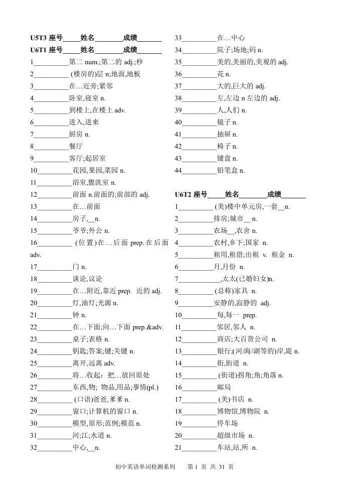 [英语]初中英语单词检测总表