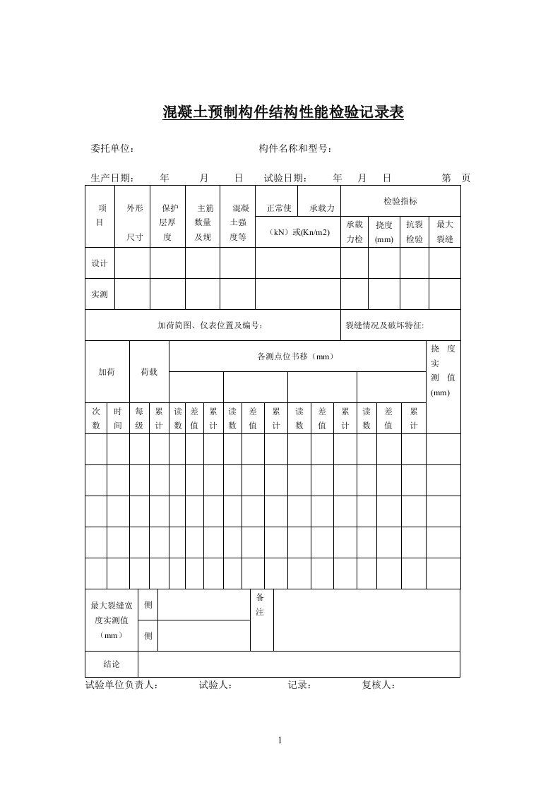 混凝土预制构件结构性能检验记录表（表格模板、DOC格式）