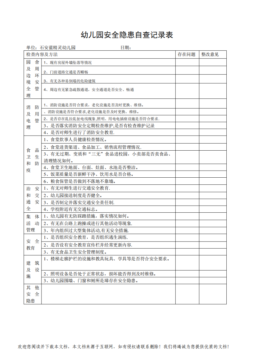 幼儿园安全隐患自查记录表