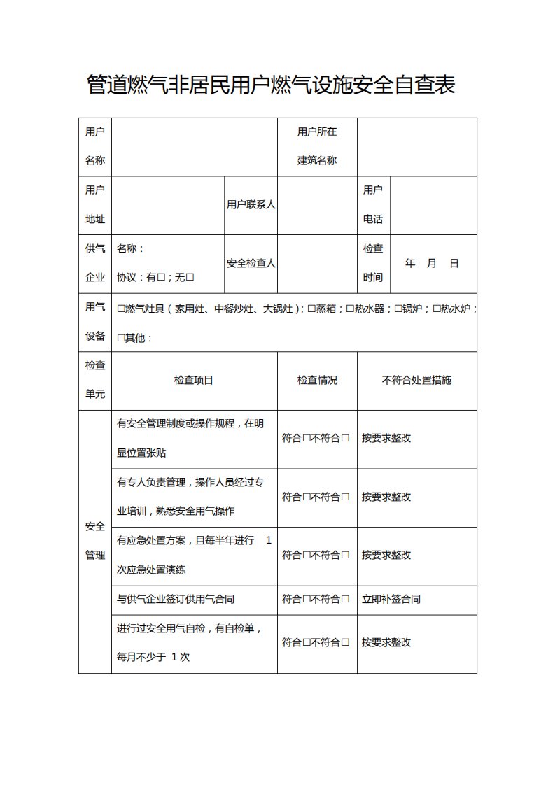 管道燃气非居民用户燃气设施安全自查表