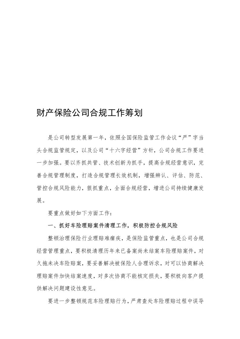 财产保险公司合规工作计划