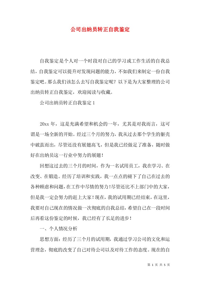 公司出纳员转正自我鉴定