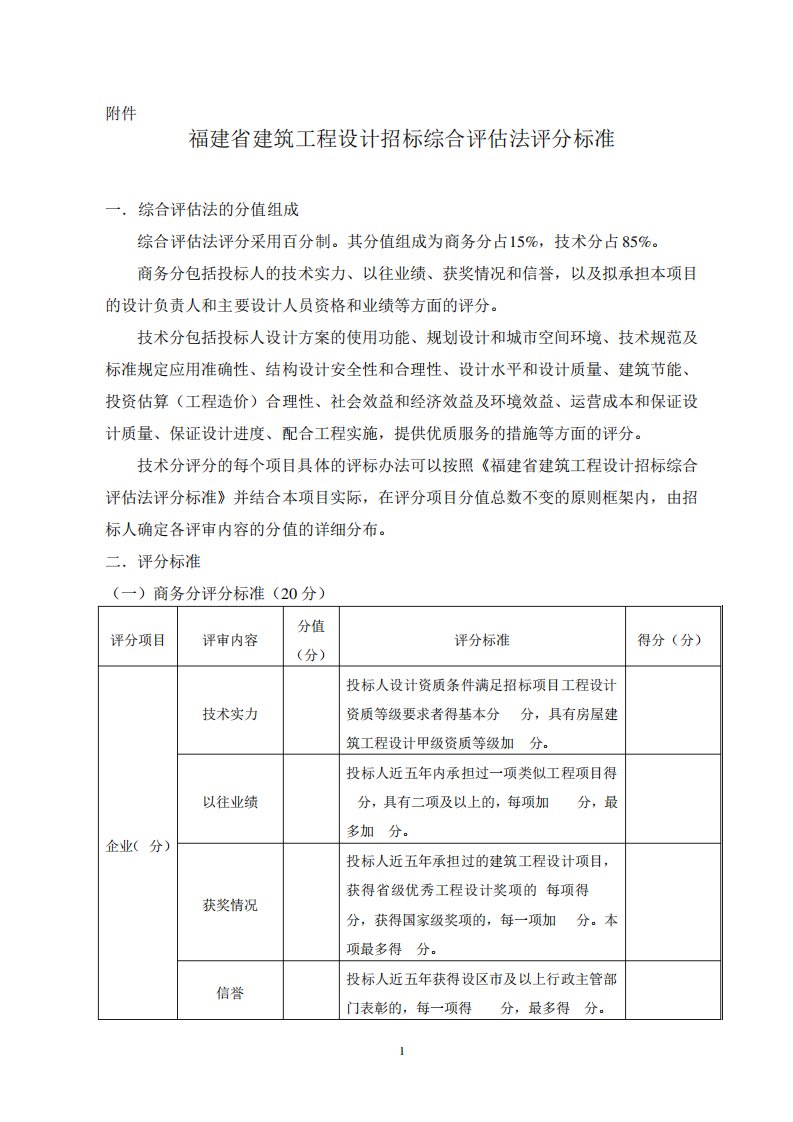 福建省建筑工程设计招标综合评估法评分标准