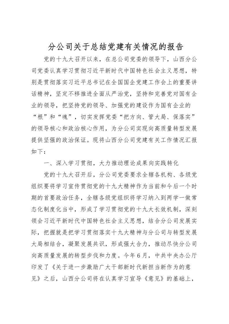 2022分公司关于总结党建有关情况的报告