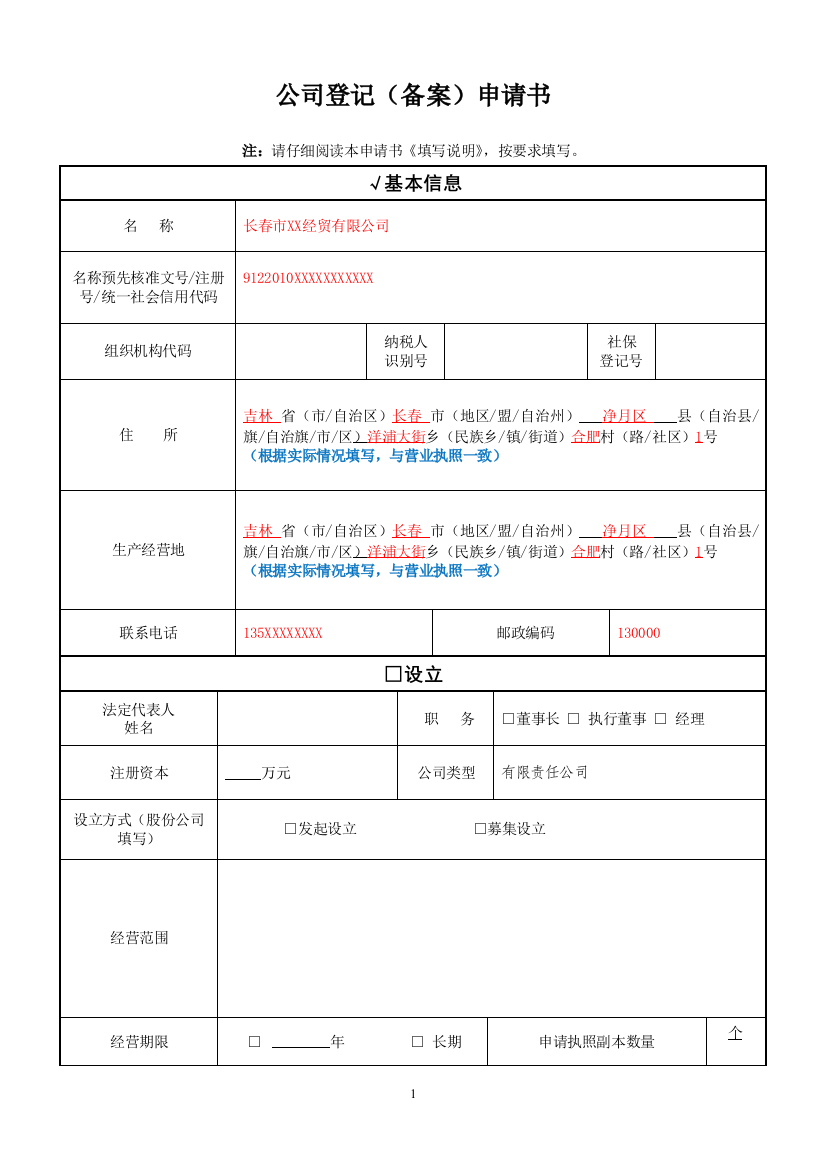 公司登记备案申请表