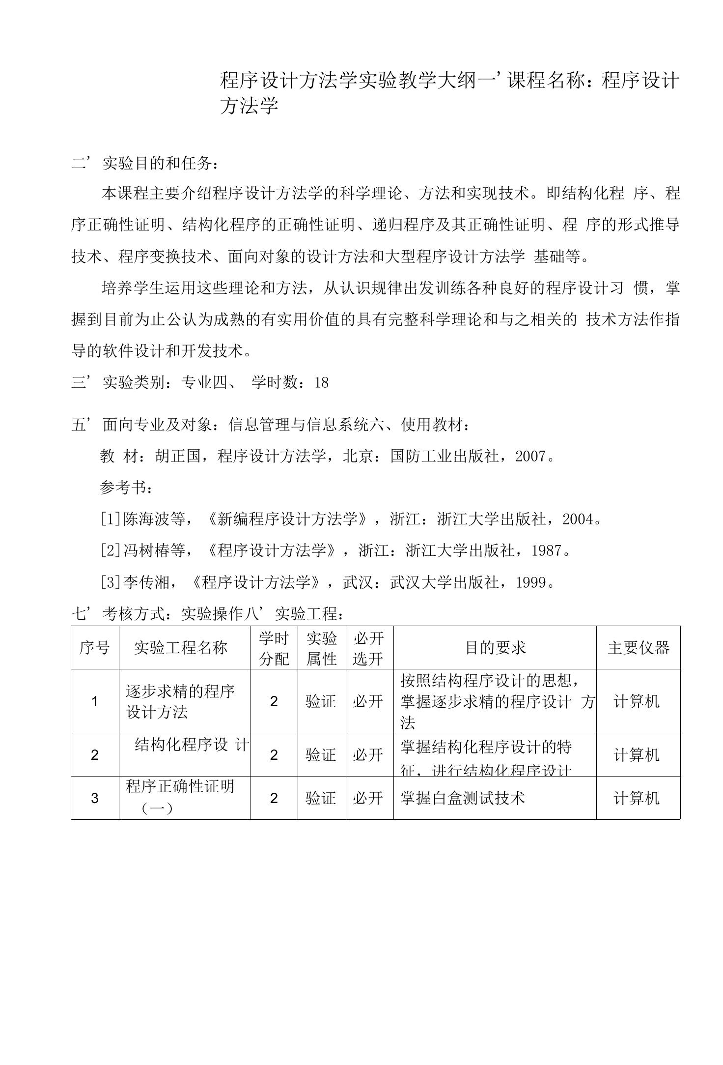 程序设计方法学实验教学大纲