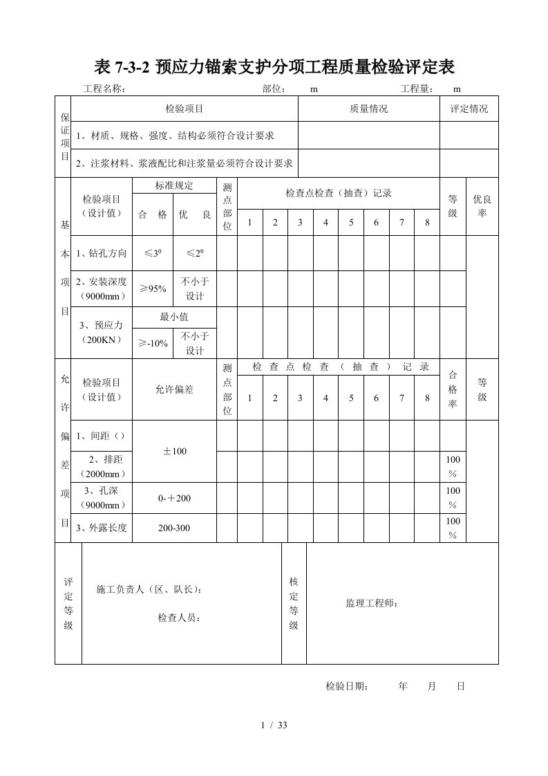 预应力锚索支护分项工程质量检验评定表3