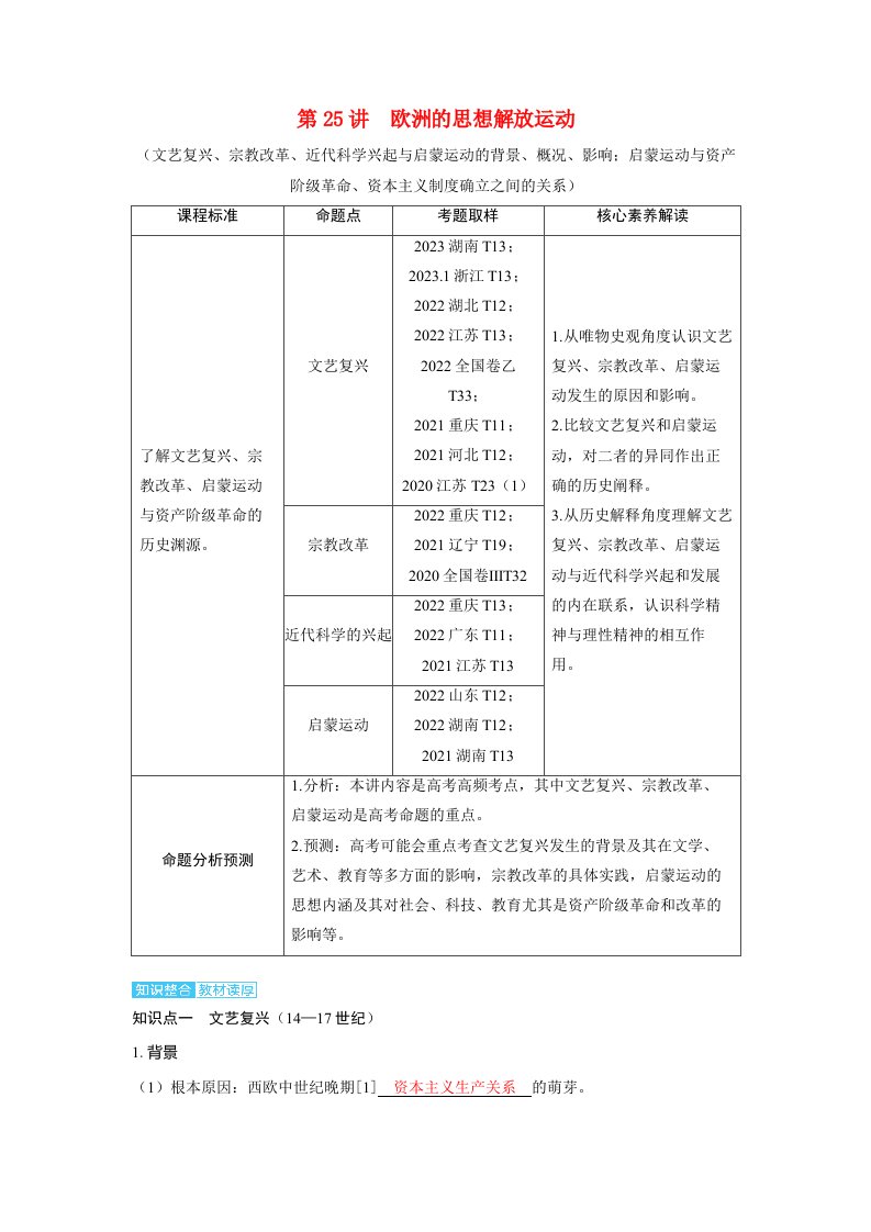 备考2024届高考历史一轮复习讲义第十单元走向整体的世界和资本主义制度的确立第25讲欧洲的思想解放运动