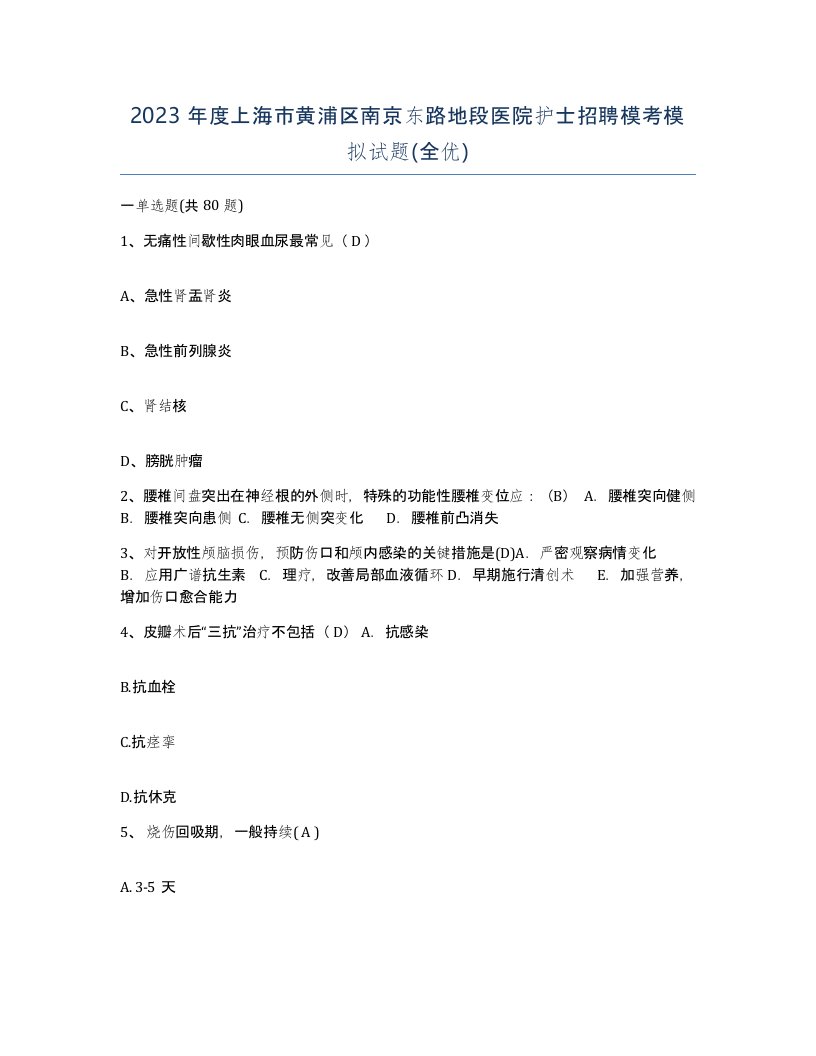 2023年度上海市黄浦区南京东路地段医院护士招聘模考模拟试题全优