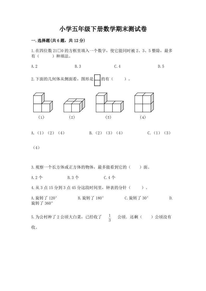 小学五年级下册数学期末测试卷附答案（巩固）