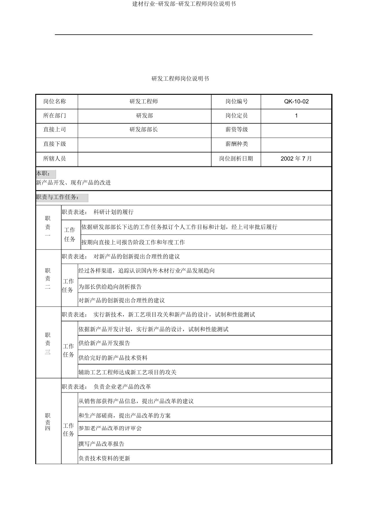 建材行业-研发部-研发工程师岗位说明书