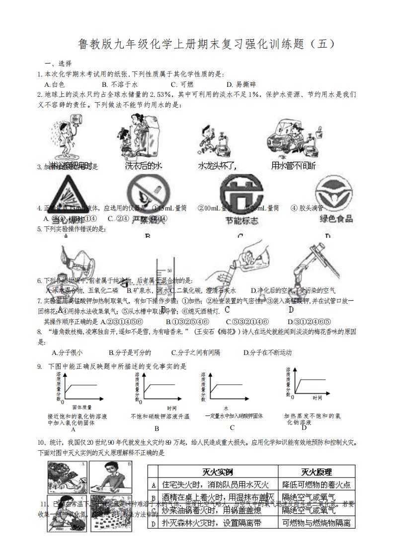 鲁教版九年级化学上册期末复习强化训练题(五)