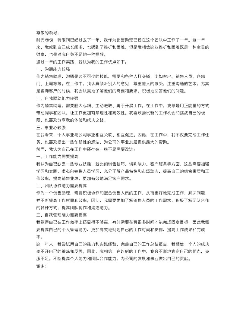 销售助理自我工作总结报告