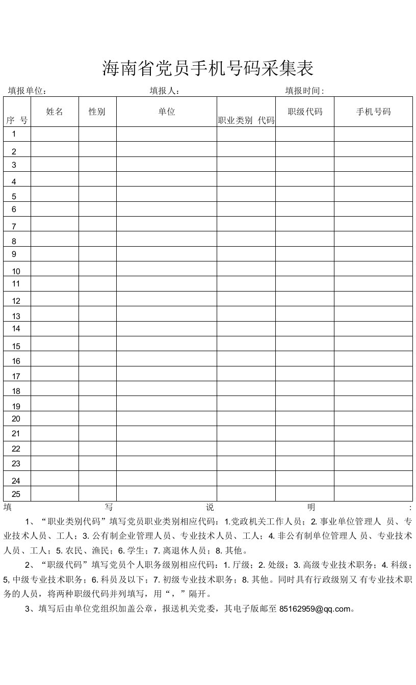 最新精品海南省党员手机号码采集表