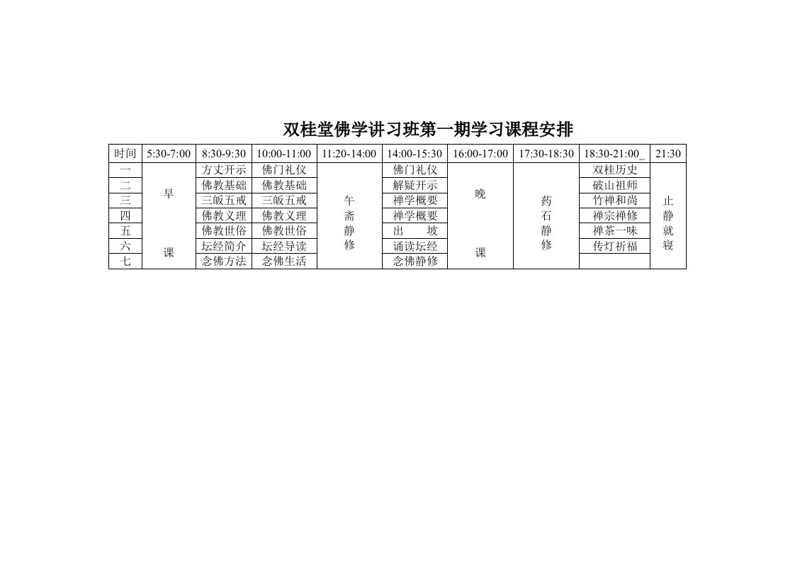 双桂堂佛学讲习班第一期学习课程安排