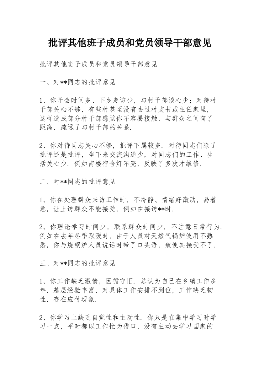 批评其他班子成员和党员领导干部意见