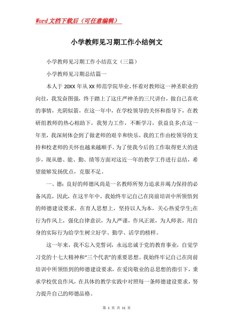 小学教师见习期工作小结例文