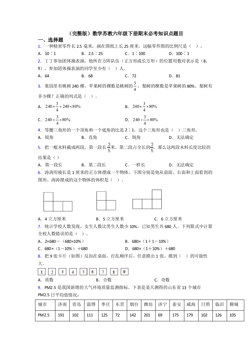 （完整版）数学苏教六年级下册期末必考知识点题目