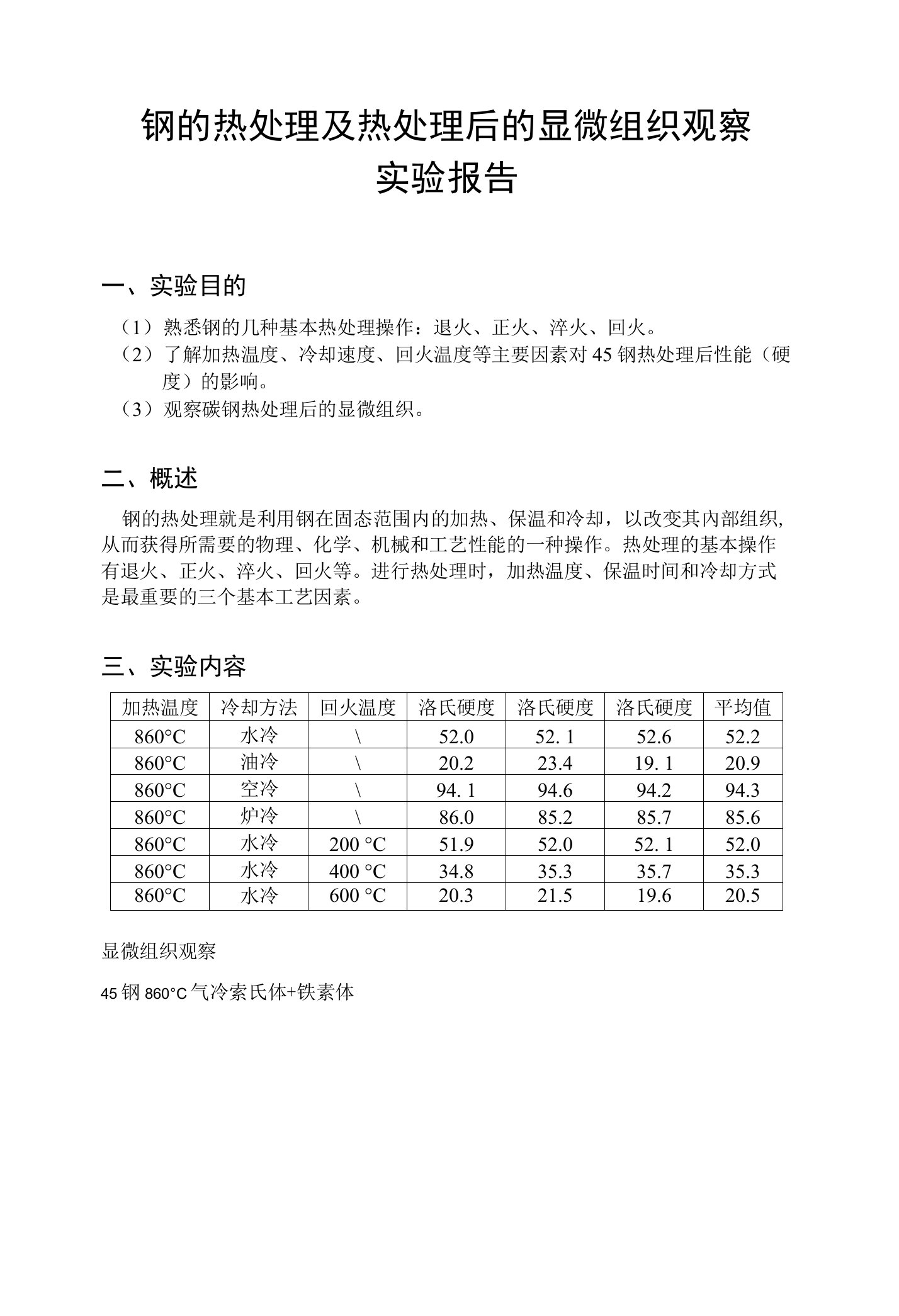 钢的热处理及热处理后的显微组织观察实验报告