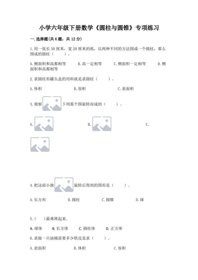 小学六年级下册数学《圆柱与圆锥》专项练习及参考答案（模拟题）