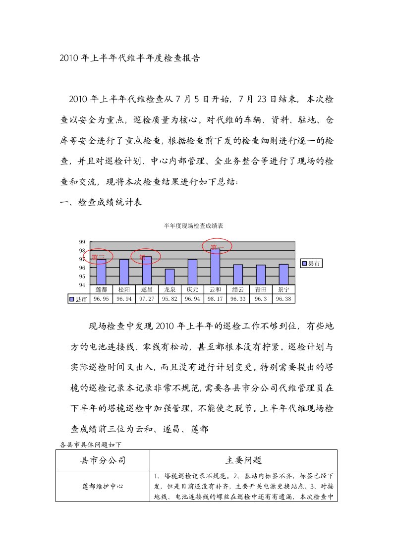 2010年上半年代维半年度检查报告