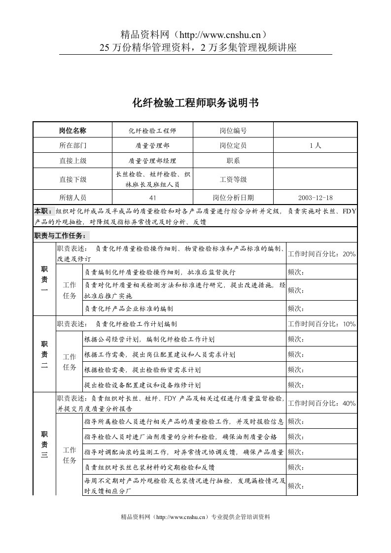 湖北新丰化纤公司质量管理部化纤检验工程师职务说明书