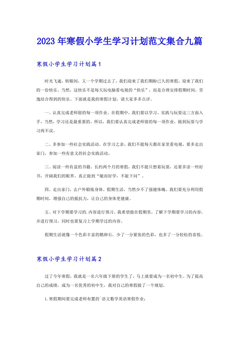 2023年寒假小学生学习计划范文集合九篇