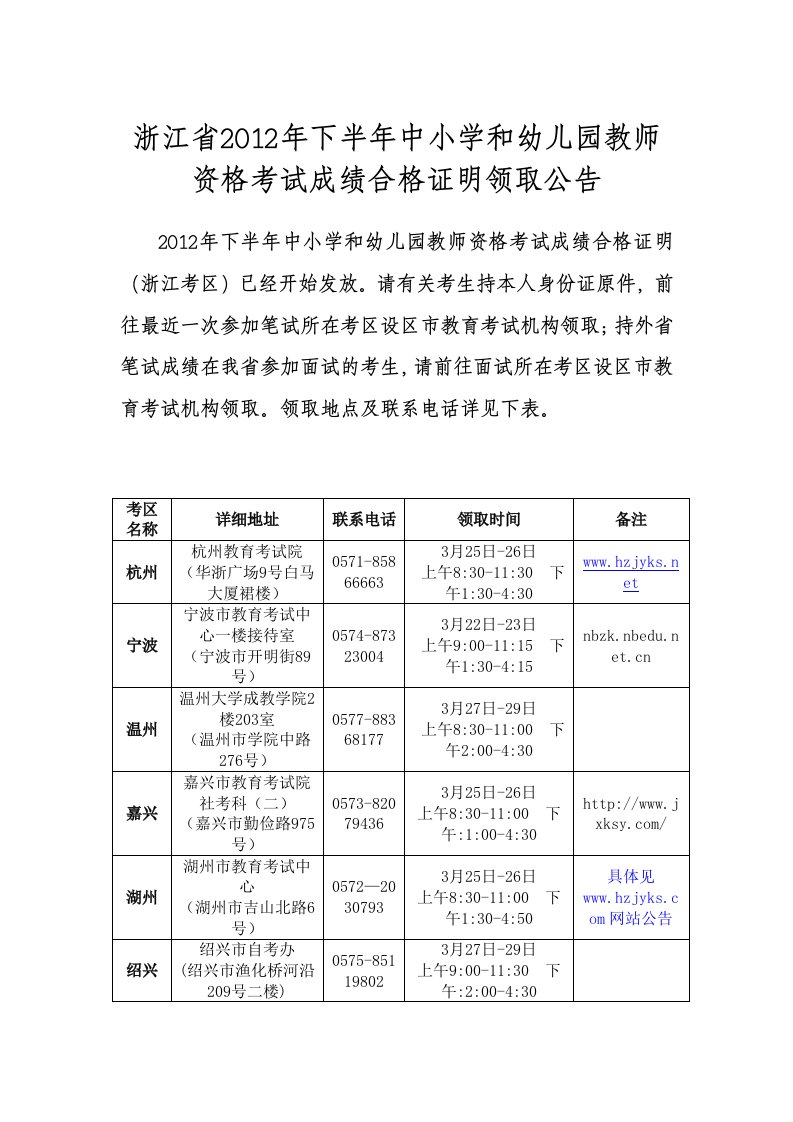 年下半年中小学和幼儿园教师资格考试成绩合格证明领