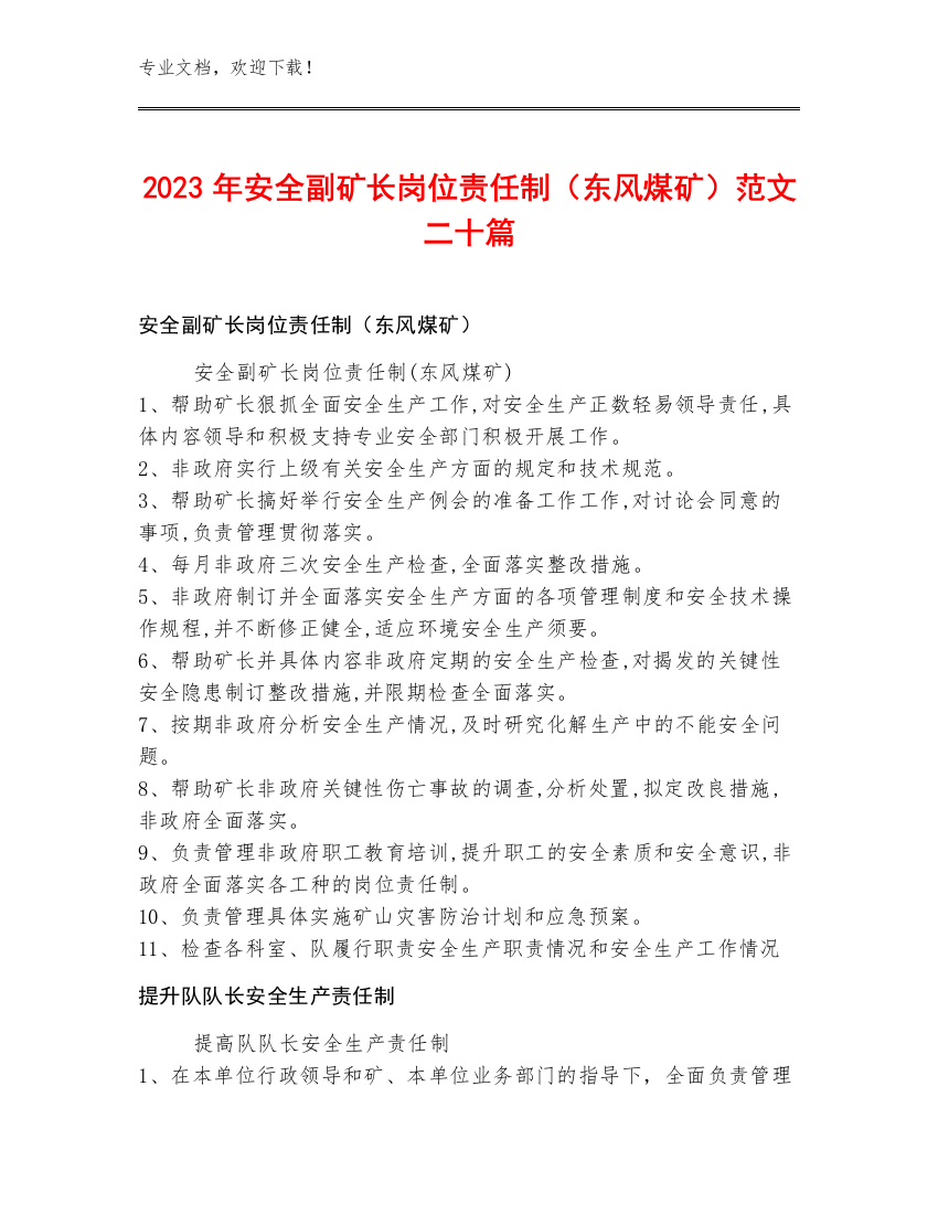 2023年安全副矿长岗位责任制（东风煤矿）范文二十篇