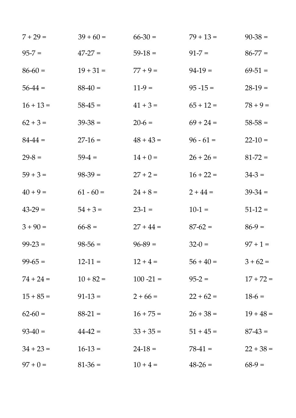 100以内加减法-3500题（带答案）