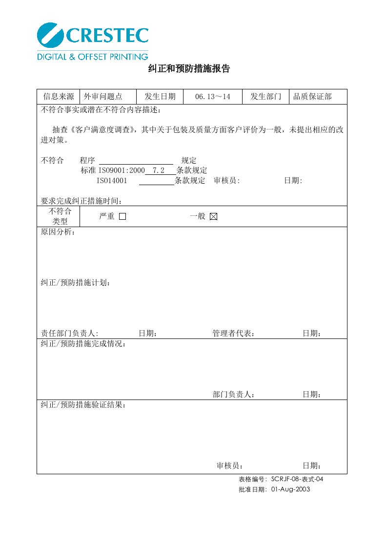 x日本企业纠正和预防措施报告全套(45个文件)-2MSCRJF-08-表式-04纠正和预防措施报告（问题点2－品）-其它制度表格