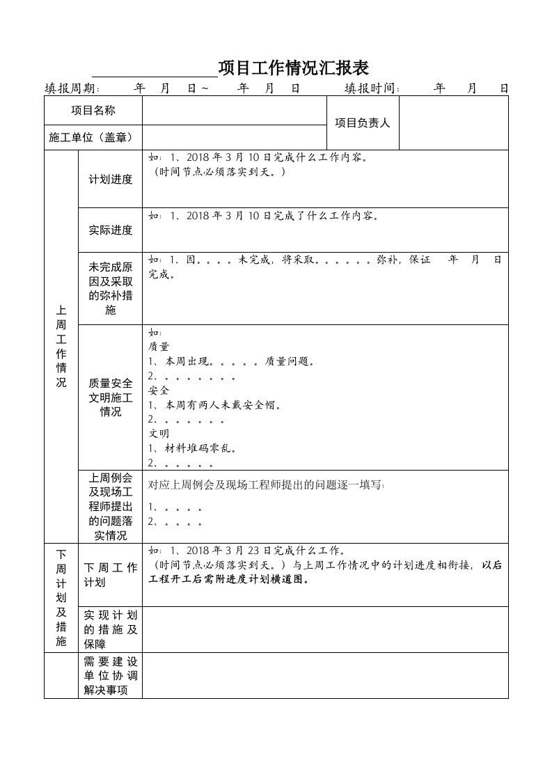 项目施工进度情况汇报表