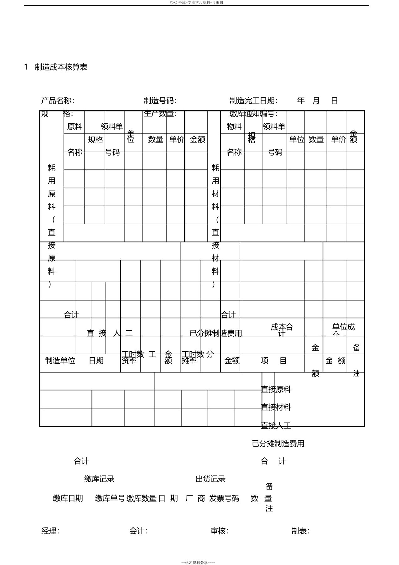 工业企业成本核算表汇总表