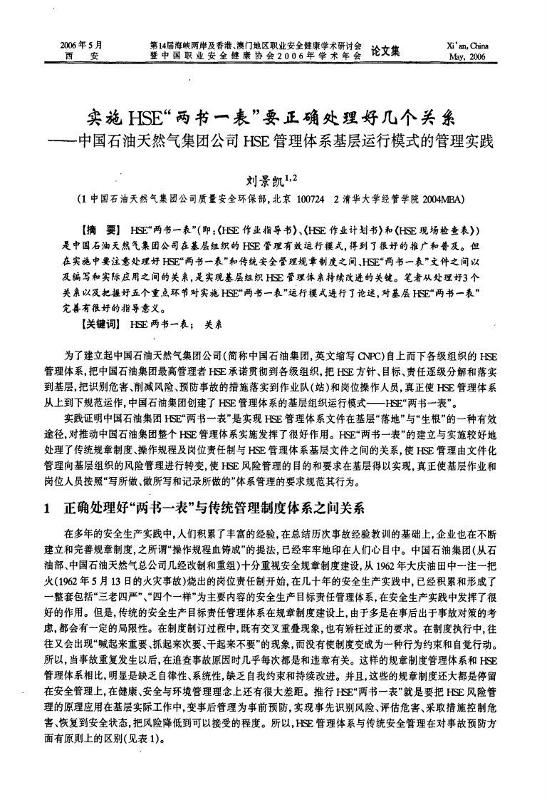 实施HSE-两书一表-要正确处理好几个关系——中国石油天然气集团公司HSE管理体系基层运行模式的管理实践