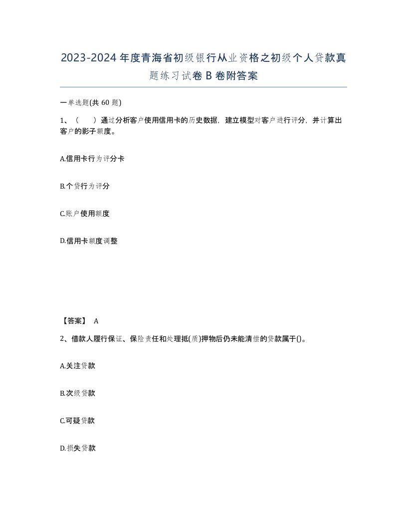 2023-2024年度青海省初级银行从业资格之初级个人贷款真题练习试卷B卷附答案